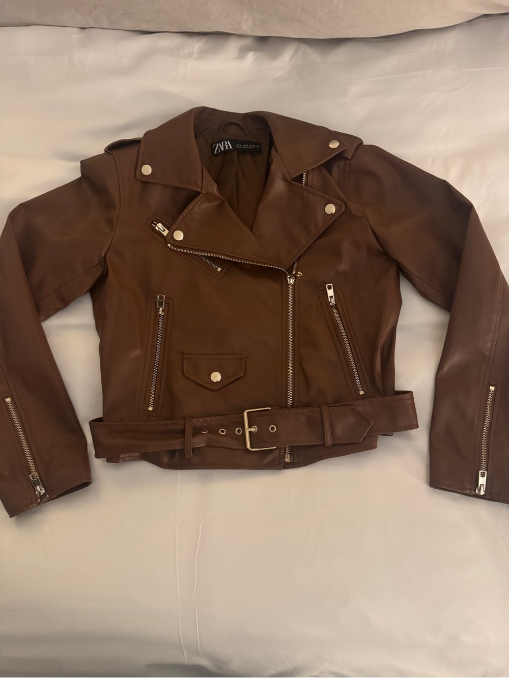 Zara Chestnut Brown Faux Leather Moto Jacket